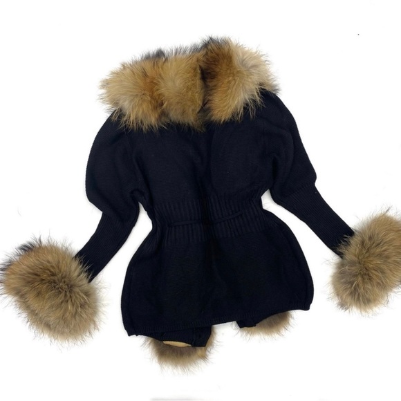 Real raccoon fur cardigan genuine fur collar trench coat parka jacket wool blaze - Picture 15 of 16